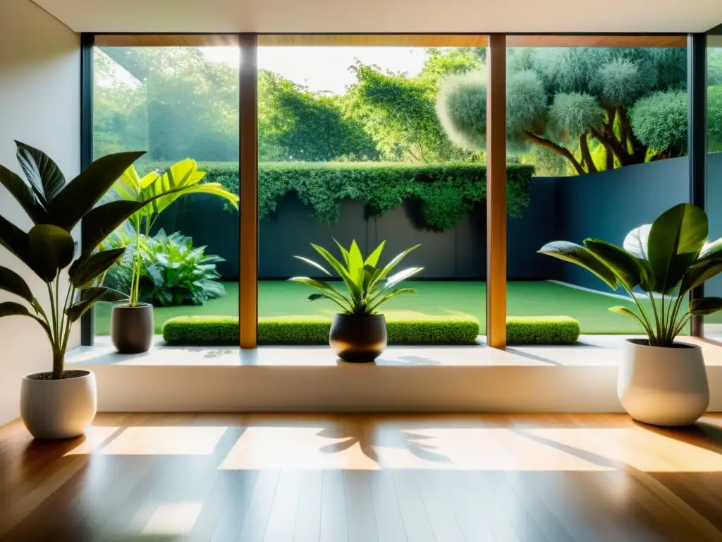 Una sala minimalista iluminada por el sol con las mejores plantas de interior para oxigenar el hogar, creando un ambiente tranquilo y acogedor