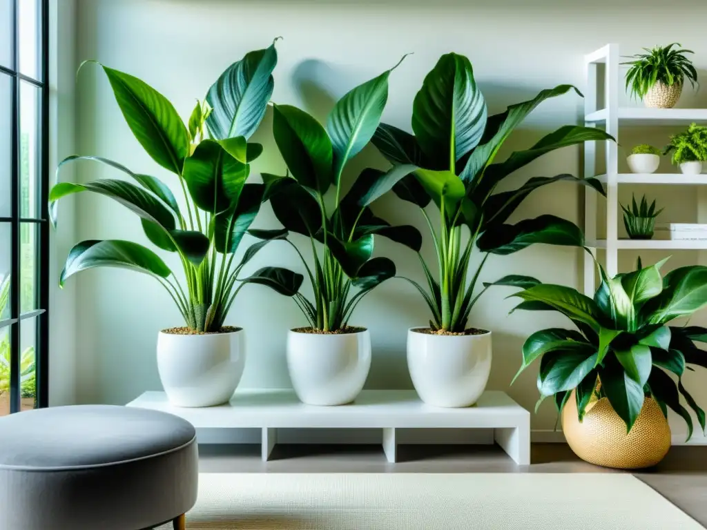 Una sala minimalista llena de plantas de interior que absorben toxinas, creando un oasis tranquilo y visualmente impresionante