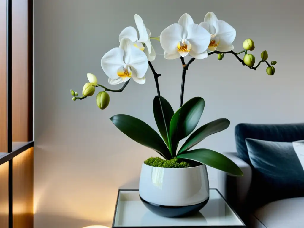 'Una sala minimalista con una planta de interior con flores decorativas como punto focal en una mesa moderna