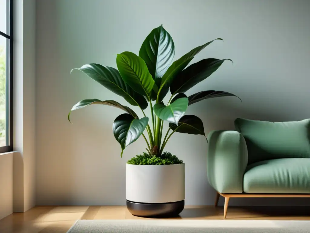 Una sala minimalista con una planta interior que limpia el aire en un moderno y elegante entorno