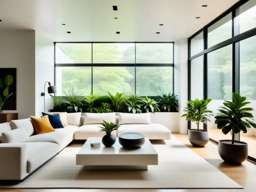 Una sala minimalista con plantas de interior como obras maestras, iluminada por luz natural a través de un gran ventanal