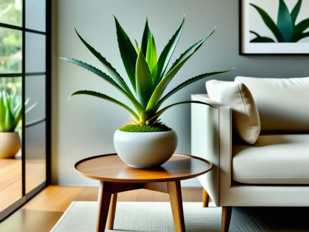 Una sala minimalista y serena con una planta de Aloe Vera, aportando calma y equilibrio, en armonía con los beneficios del Feng Shui