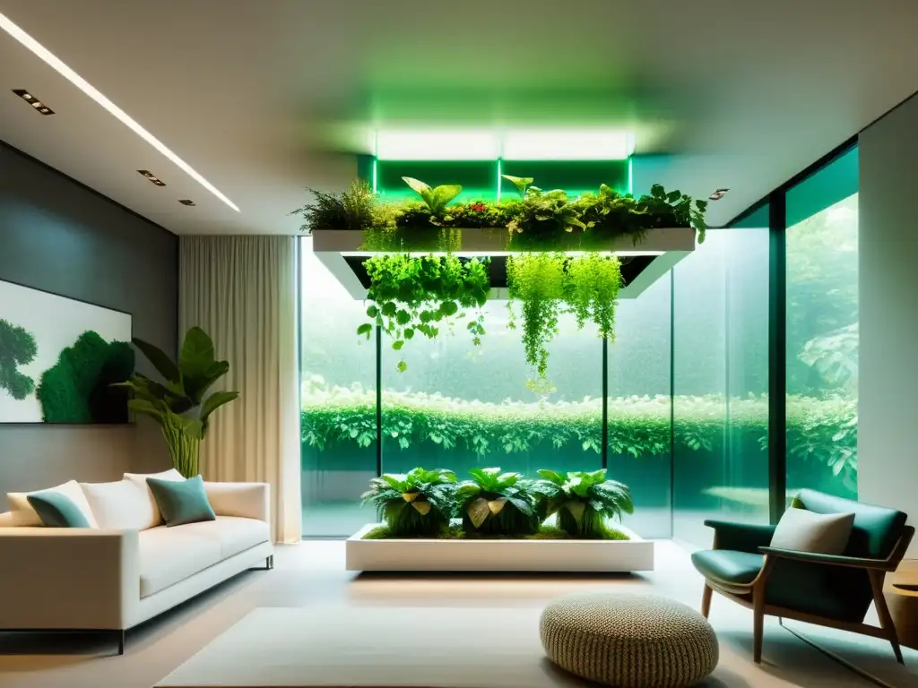 Una sala minimalista con sistemas hidropónicos para plantas de interior, que fusiona la naturaleza y el diseño moderno