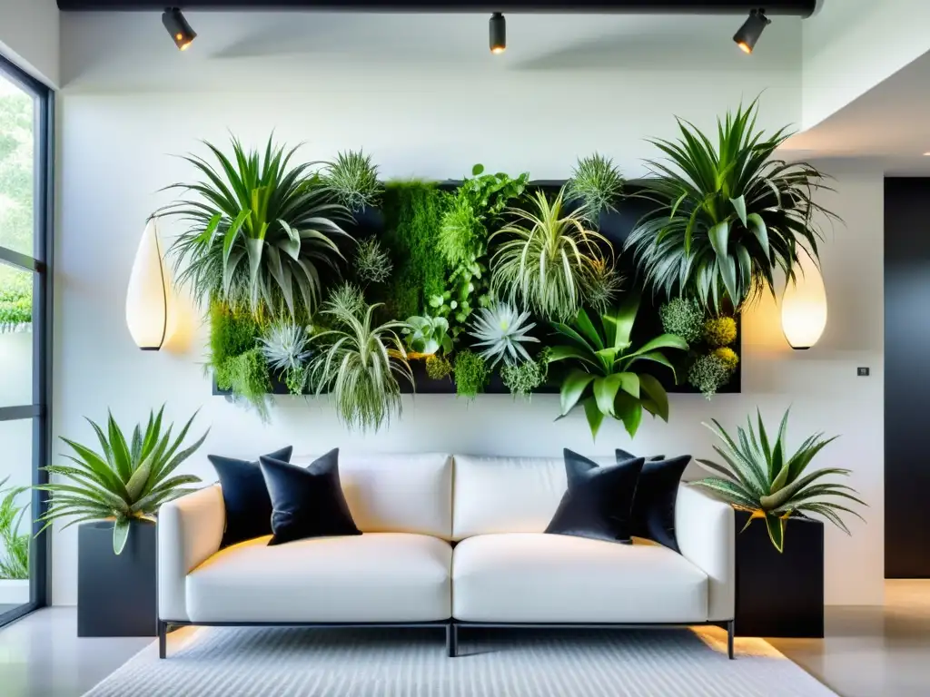 Una sala minimalista con jardín vertical de plantas aéreas para decoración moderna