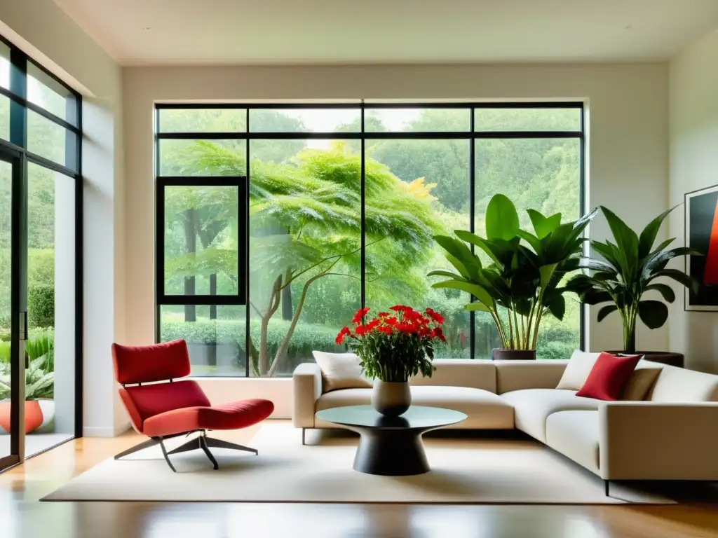 Salón minimalista con plantas de anturios en ventana Una sala moderna con cultivo de anturios, inundada de luz natural