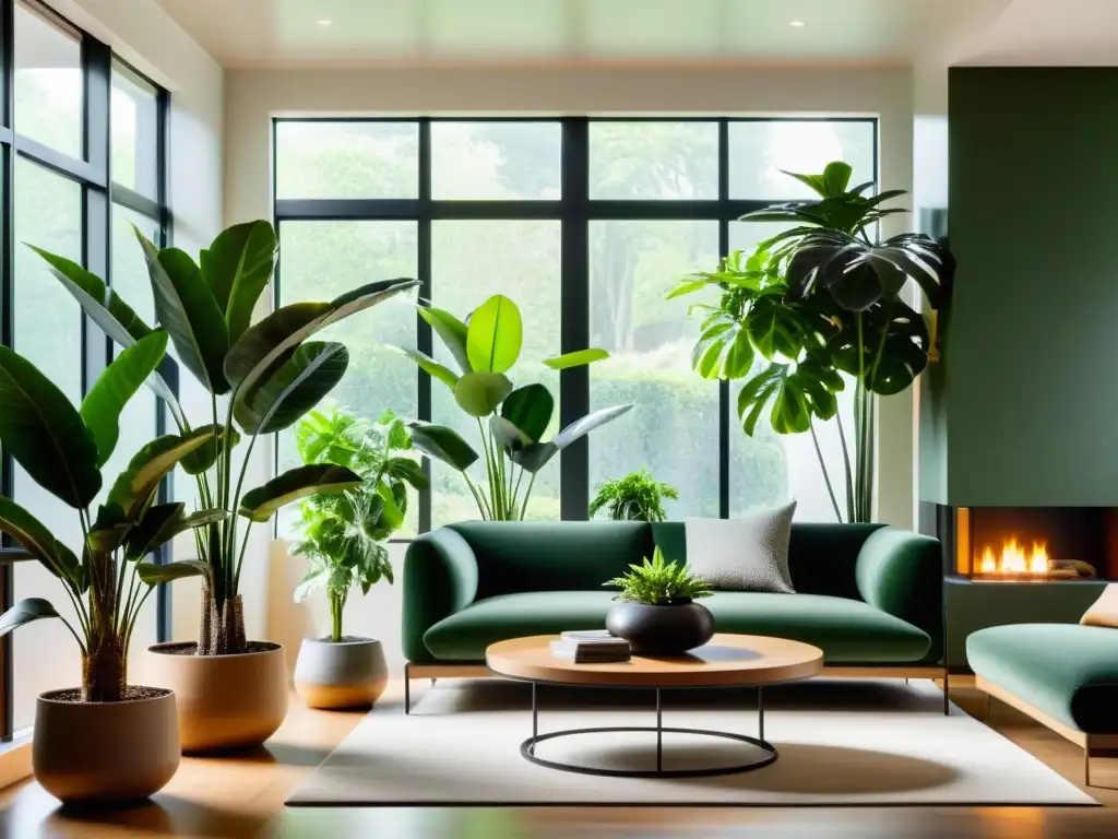 Una sala moderna y elegante con plantas de interior que absorben toxinas, creando un ambiente natural y sereno