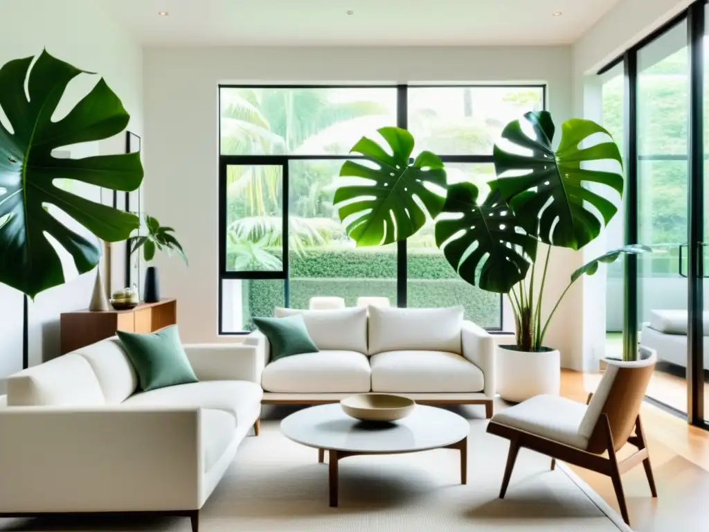 Una sala moderna con una exuberante planta monstera en un elegante macetero blanco