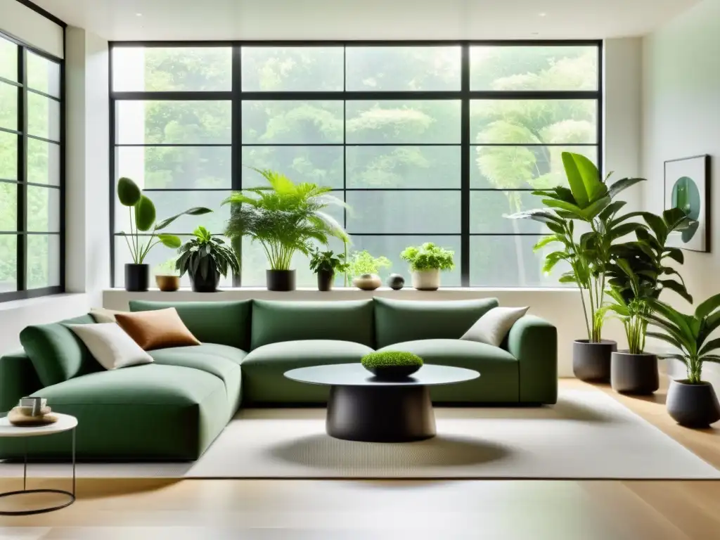 Una sala moderna y lujosa llena de plantas de interior purificadoras de aire en elegantes macetas, iluminada por luz natural