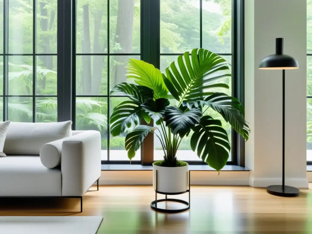 Una sala de estar moderna y minimalista con una colocación estratégica de helechos en interiores, destacando la elegancia natural y la armonía