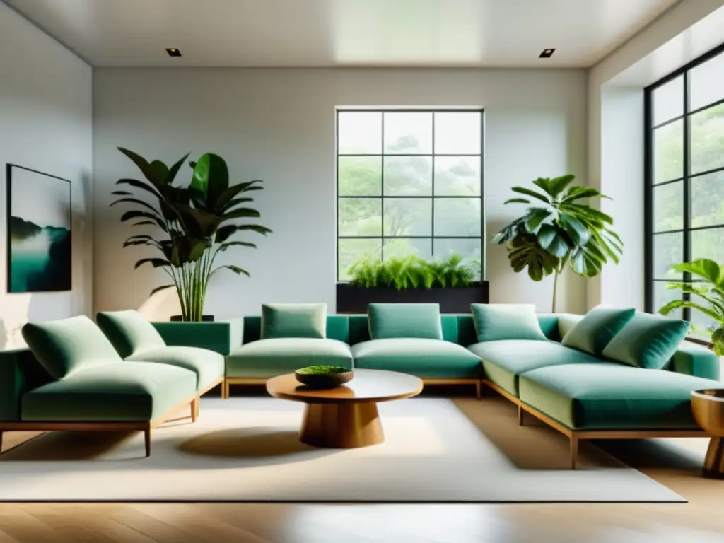 Una sala moderna y minimalista con plantas de interior para Feng Shui, brindando armonía y serenidad