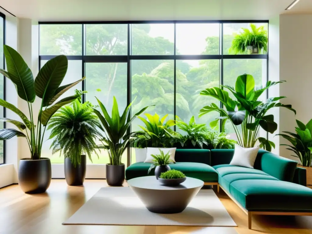 Una sala moderna con plantas de interior integradas en un diseño sostenible, creando un ambiente sereno y acogedor