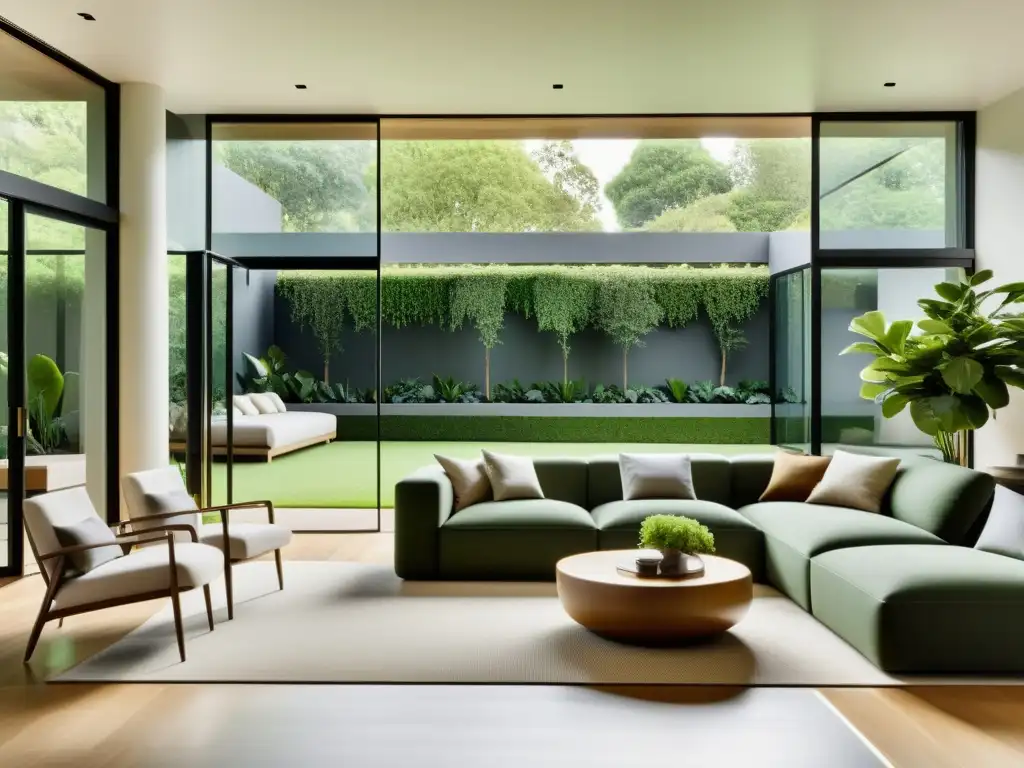 Sala de estar moderna con vistas al jardín, muebles sencillos, mucha luz natural y toques de verde