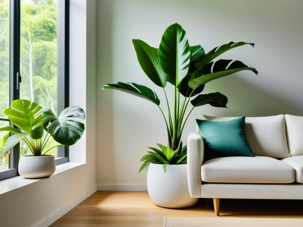 Una sala de estar nórdica minimalista con una exuberante planta tropical en maceta blanca, creando un ambiente sereno e invitador