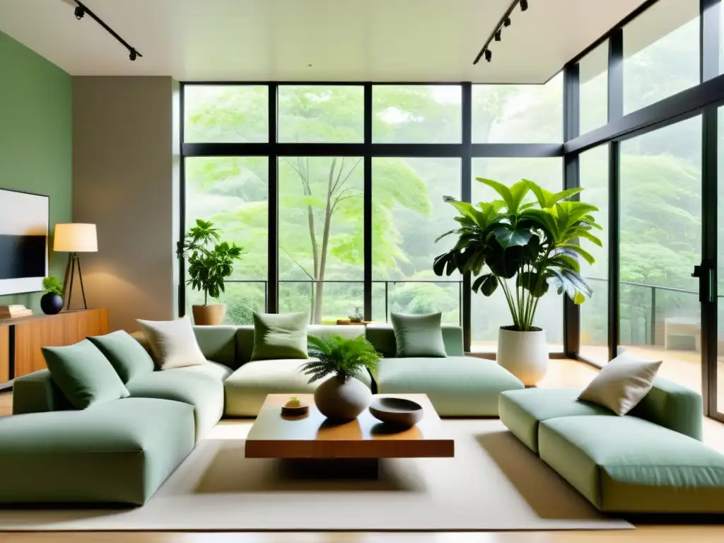 Una sala de estar serena y minimalista con plantas de interior, iluminada por luz natural