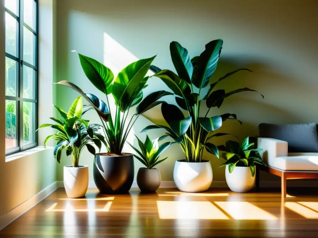 Una sala soleada con plantas de interior para reducir estrés, creando un oasis de tranquilidad