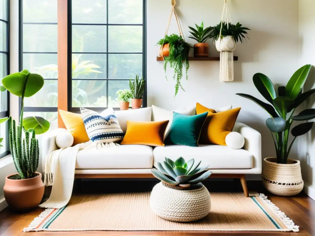 Un salón acogedor con un sofá blanco minimalista adornado con coloridos cojines bohemios, rodeado de exuberantes plantas en macramé