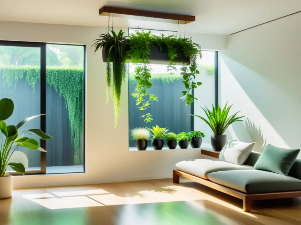 Un salón blanco minimalista con un estante de madera colgante, adornado con Chlorophytums en macetas elegantes