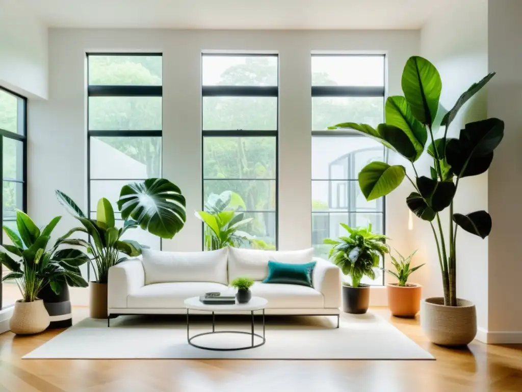 Un salón blanco minimalista con plantas de interior para decorar, bañado en luz natural y una atmósfera refrescante y vibrante