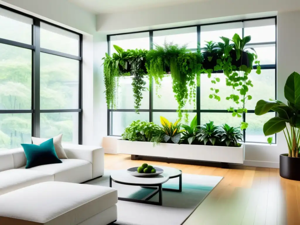 Un salón blanco moderno con plantas hidropónicas