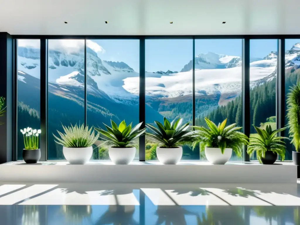 Salón blanco con plantas exóticas resistentes a la nieve, bañado en luz natural