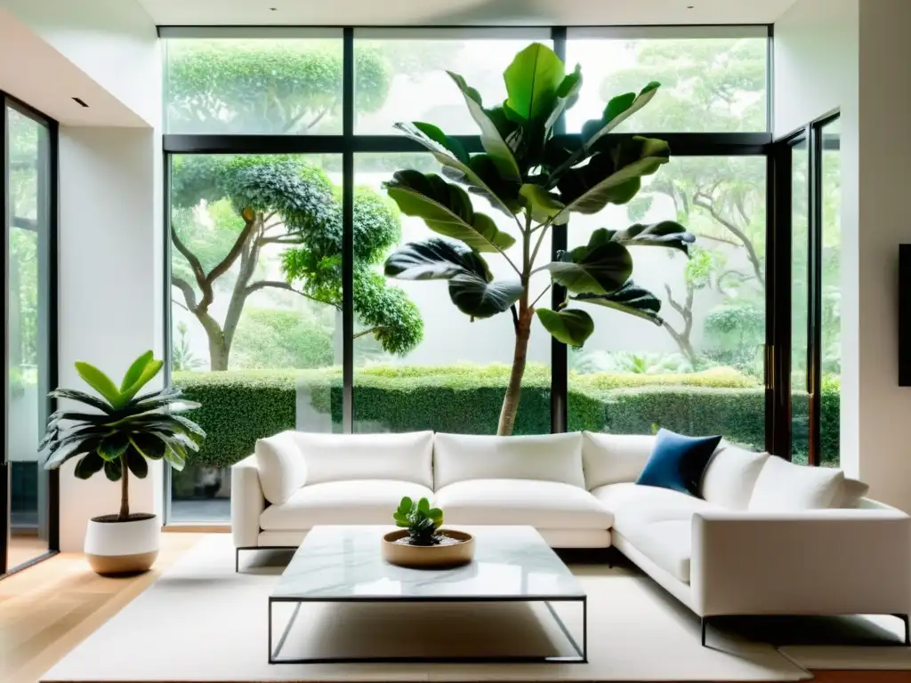 Un salón elegante con un sofá blanco y una mesa de café de mármol