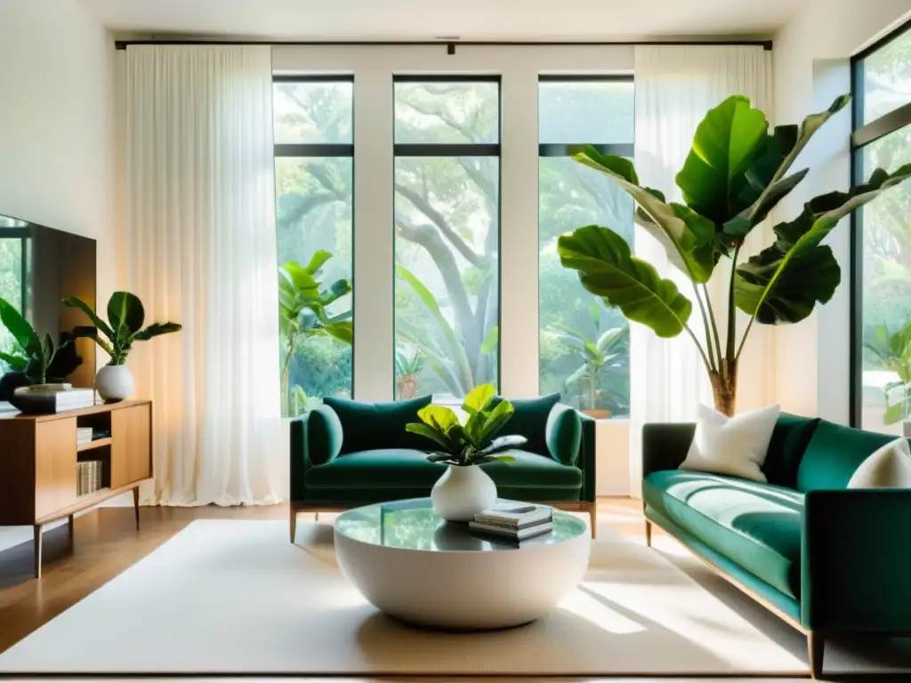 Un salón elegante y soleado con una gran ventana de bahía y una exuberante planta de interior en maceta blanca