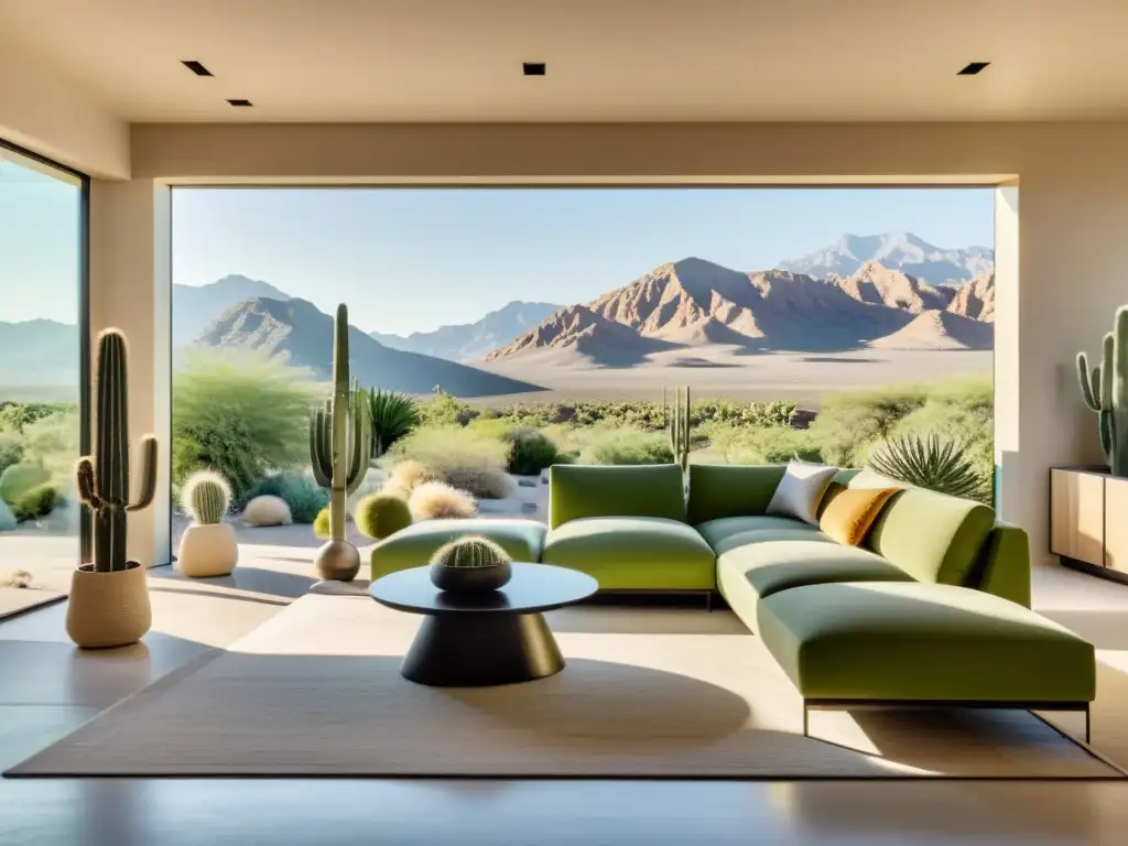 Un salón espacioso y soleado con muebles modernos en tonos neutros, realzado por cactus exóticos