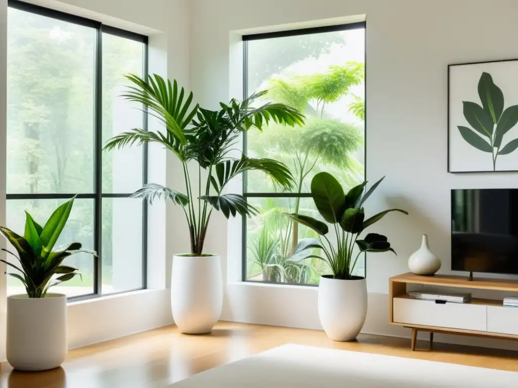 Un salón luminoso y armonioso con plantas sostenibles en diseño de interiores