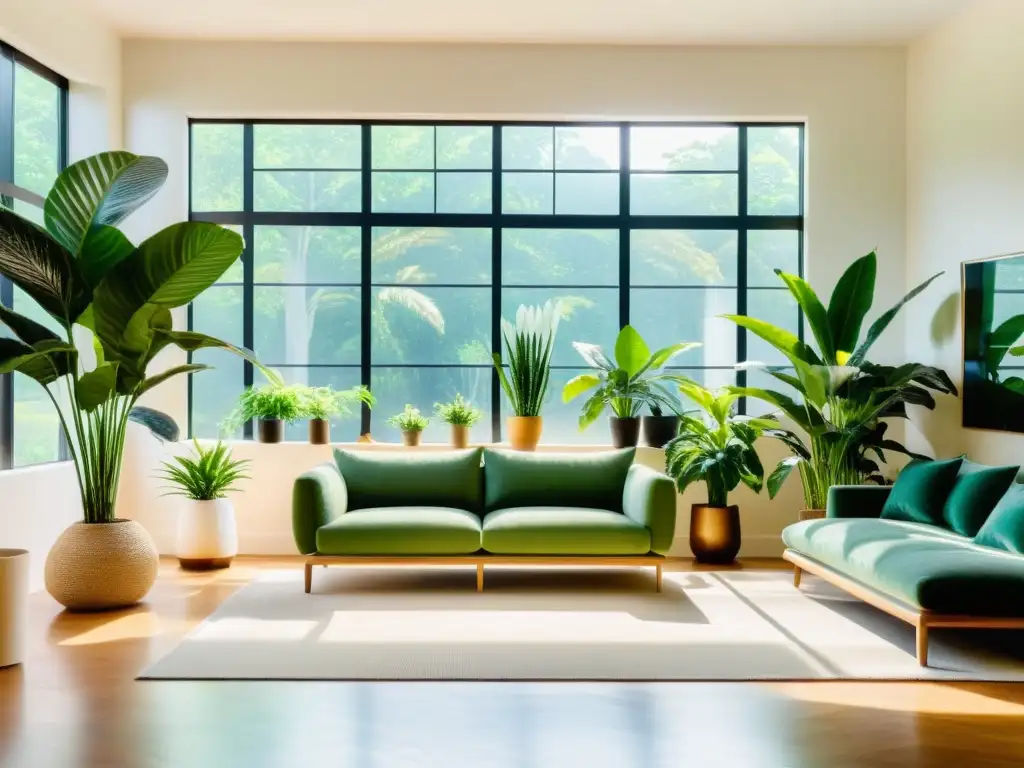 Un salón luminoso y minimalista con una variedad de plantas de interior para alergias domésticas, creando un ambiente sereno y acogedor