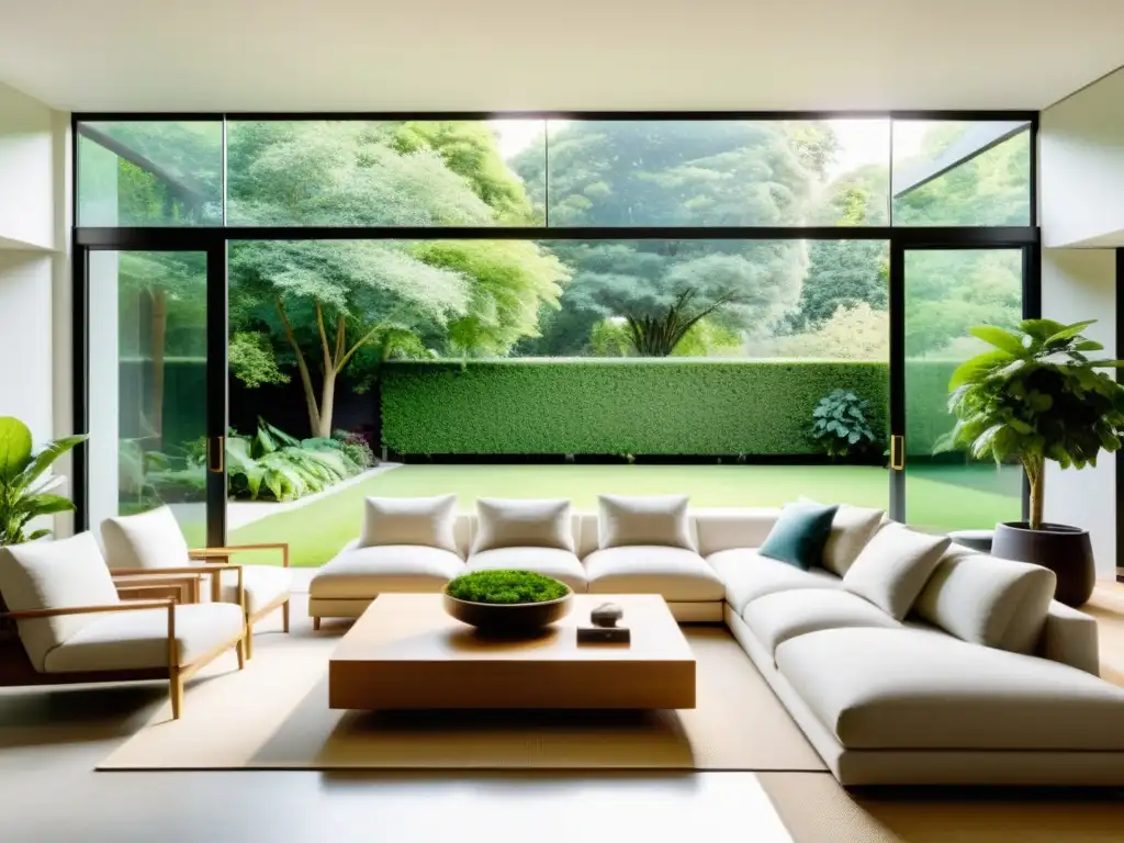 Salón luminoso con muebles minimalistas en tonos naturales y plantas estratégicamente colocadas