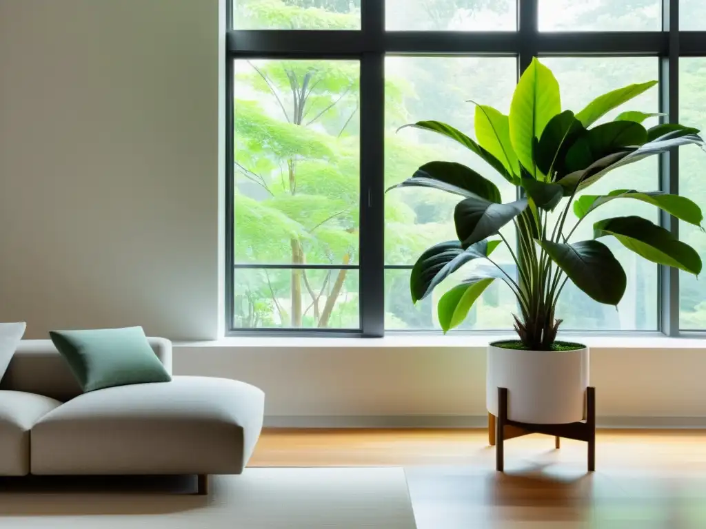 Un salón minimalista con abundante luz natural y una planta de interior, destacando los beneficios de las plantas de interior