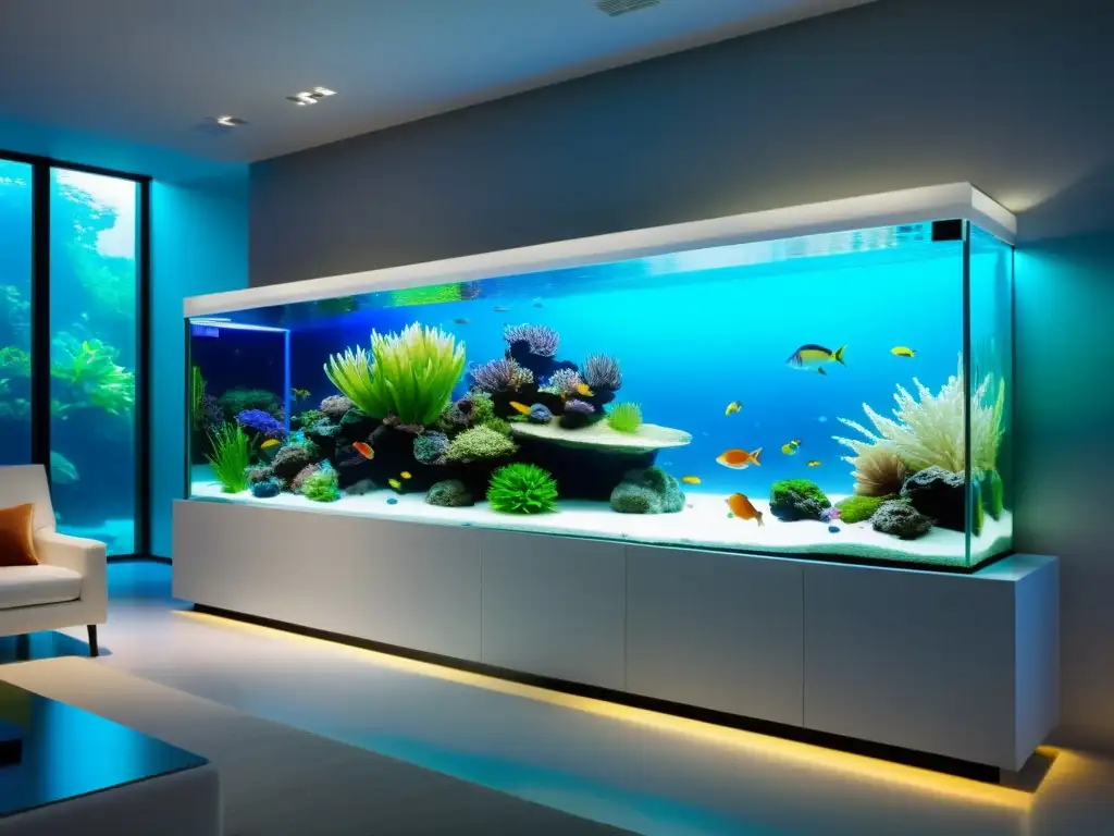 Un salón minimalista con un acuario de cristal integrado en la pared, exhibiendo peces coloridos entre plantas acuáticas vibrantes