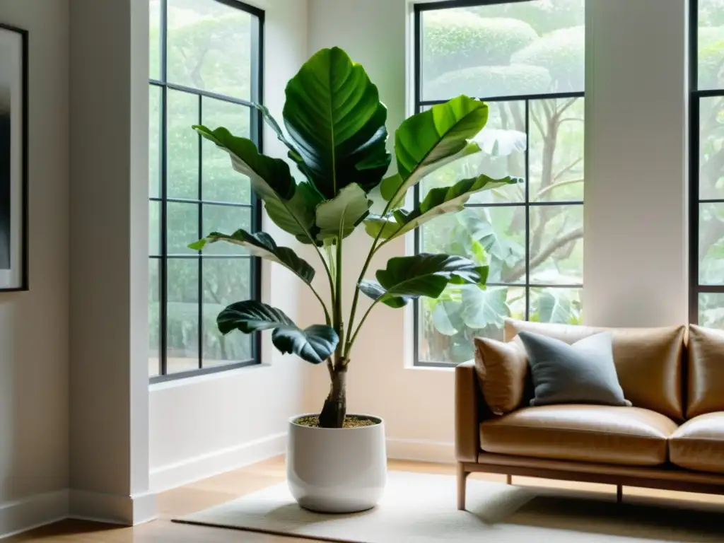 Un salón minimalista con un árbol de ficus lyrata en una maceta blanca como punto focal