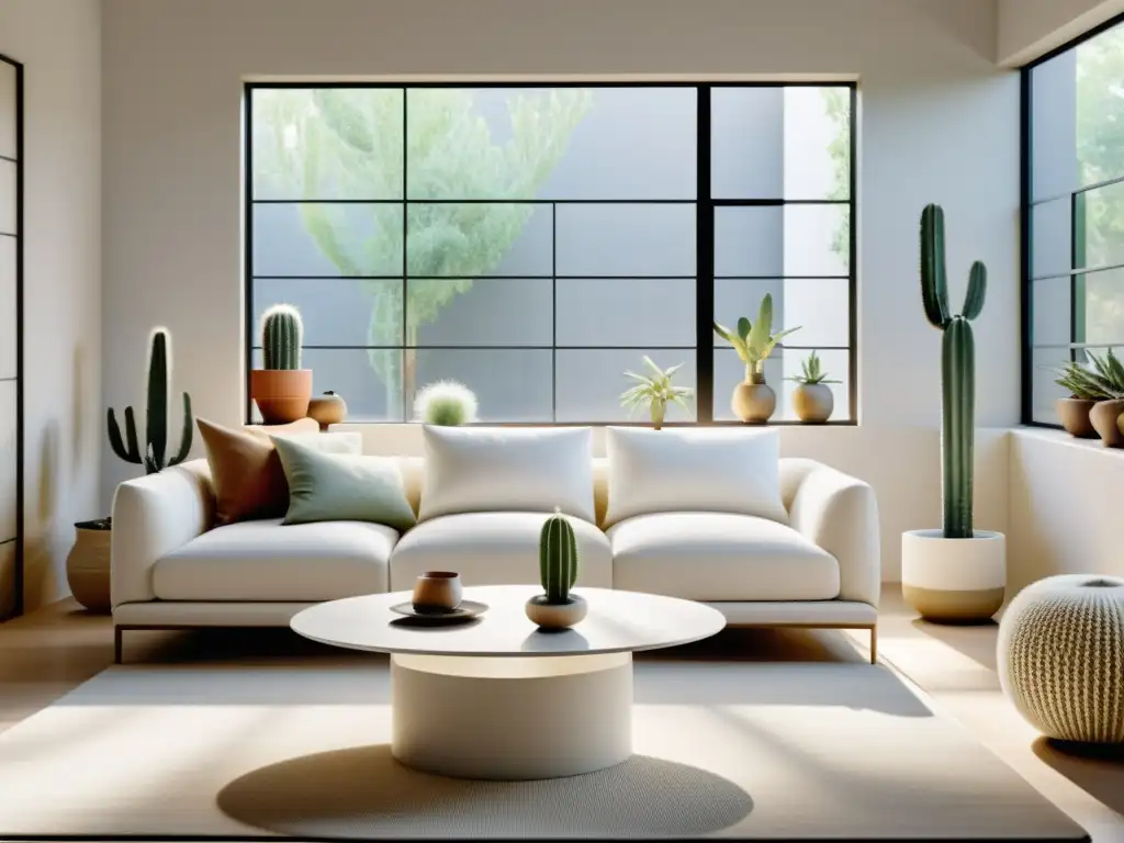 Un salón minimalista con un cactus en casa feng shui, bañado por luz natural y equilibrio sereno