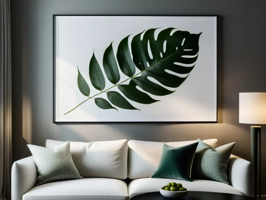 Un salón minimalista en blanco con una elegante impresión botánica abstracta en la pared