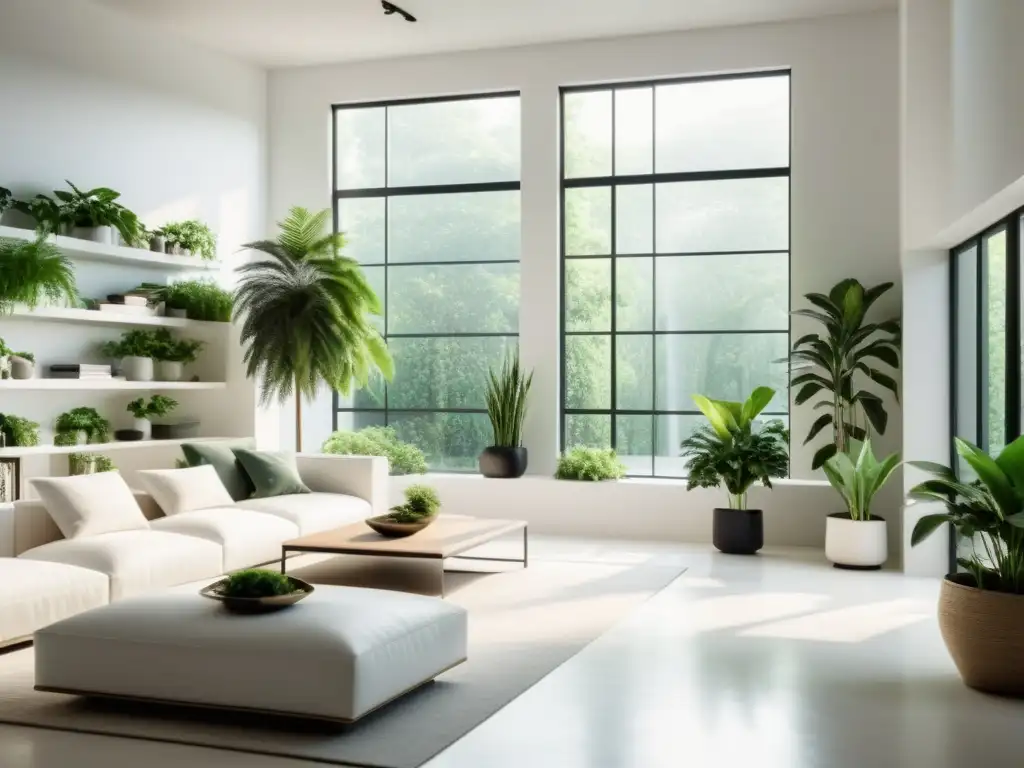 Un salón minimalista en blanco con plantas verdes exuberantes en estantes modernos