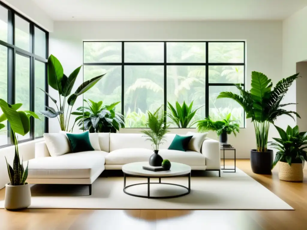 Un salón minimalista blanco con plantas de interior, creando un ambiente fresco y tranquilo