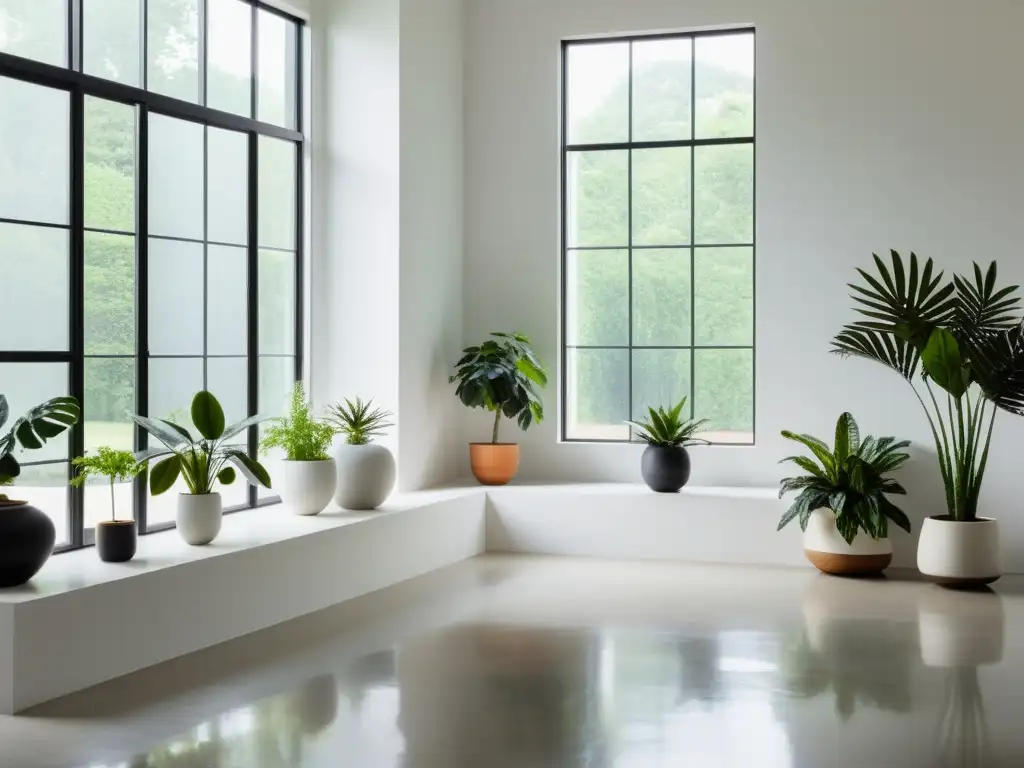 Un salón minimalista con combinaciones inusuales plantas interior, inundado de luz natural y elegancia moderna