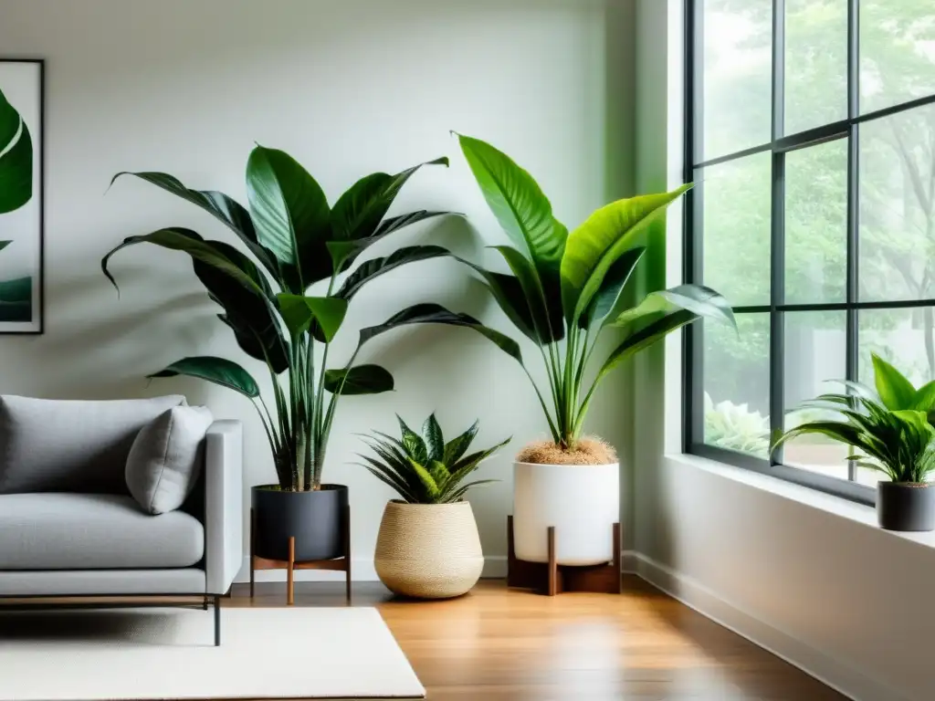 Un salón minimalista con combinaciones de plantas de interior, iluminado por luz natural