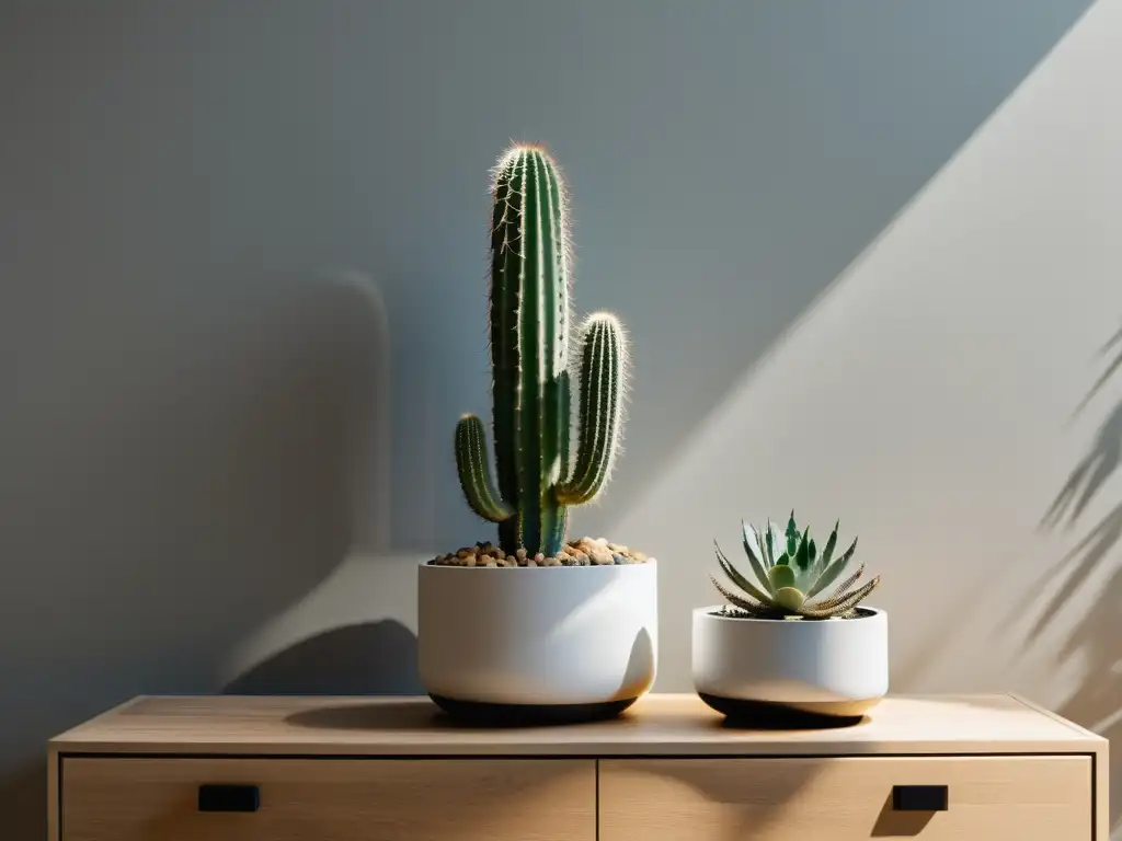 Un salón minimalista con diseño moderno y un pequeño cactus en una mesa de madera