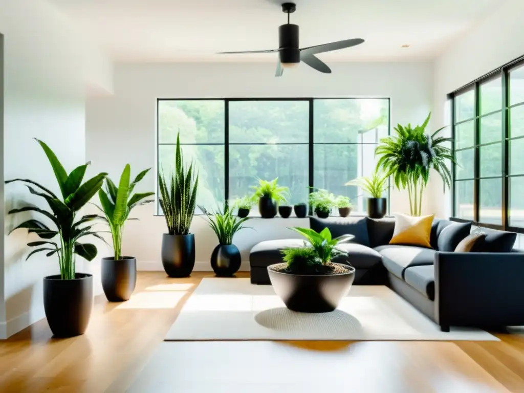 Un salón minimalista con diseño moderno y plantas de interior para reducir ruido, creando un ambiente tranquilo y vibrante