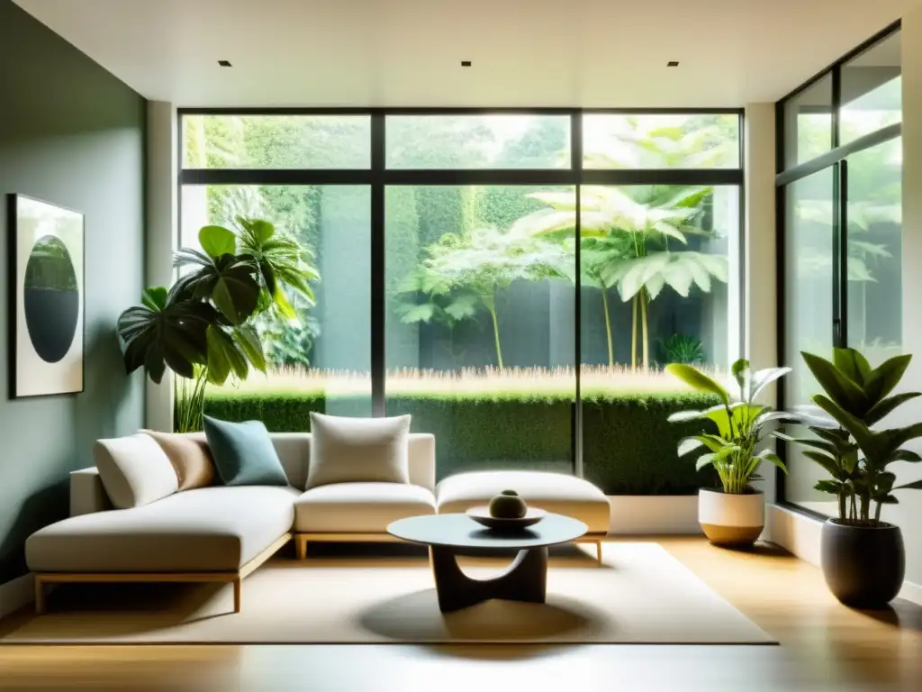 Salón minimalista con distribución de plantas Feng Shui, iluminado por luz natural y rodeado de armonía y tranquilidad