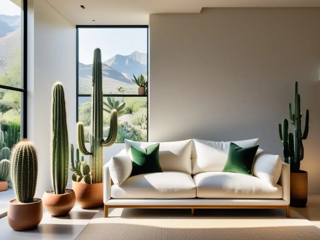 Un salón minimalista con un elegante sofá blanco y una colección de cactus exóticos en modernos maceteros geométricos