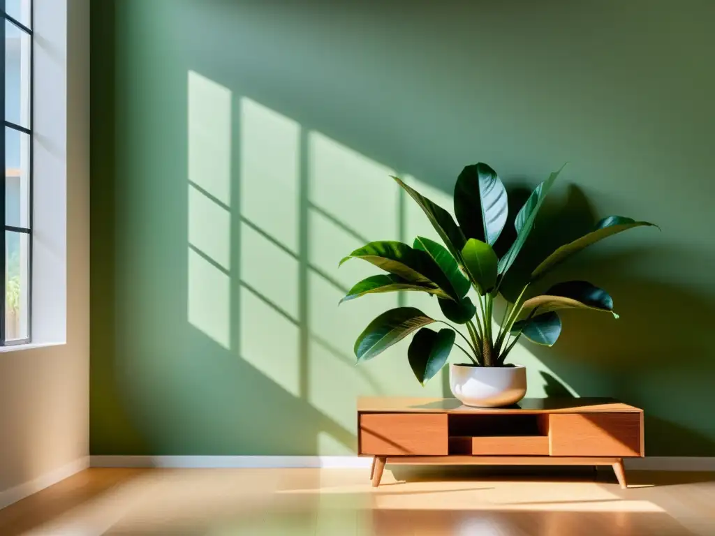 Un salón minimalista con una exuberante planta de interior como punto focal, bañado por luz natural