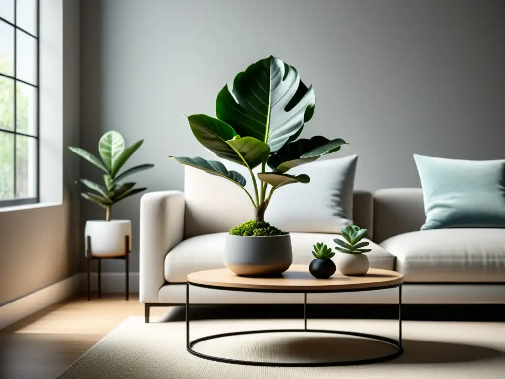 Un salón minimalista con un gran ficus lyrata sano en la esquina, acompañado de suculentas en una mesa moderna