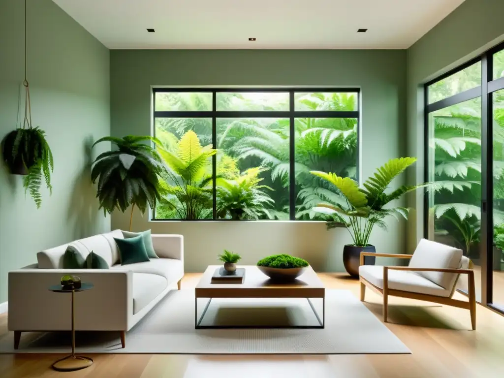 Salón minimalista con helechos en el Feng Shui, iluminado por luz natural a través de gran ventana, creando atmósfera tranquila y armoniosa