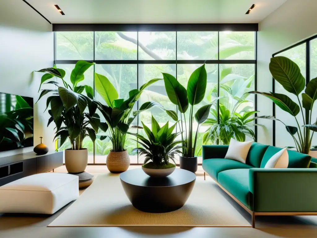 Salón minimalista bien iluminado con plantas de interior que generan bienestar