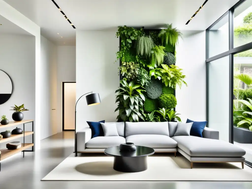 Un salón minimalista con un impresionante jardín vertical, adaptar jardines verticales decoración interior