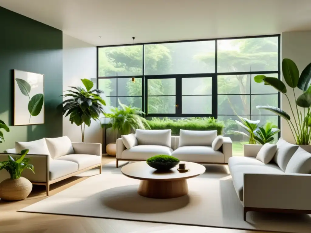 Un salón minimalista y luminoso con plantas de interior estratégicamente ubicadas según los principios del Feng Shui, creando armonía y tranquilidad