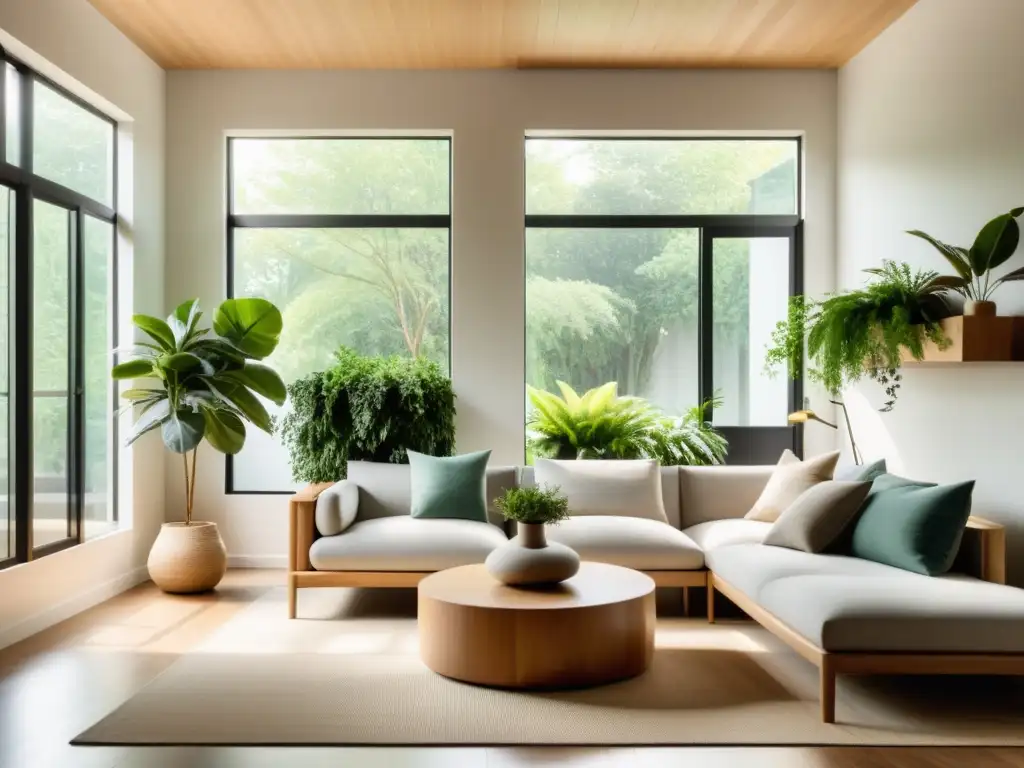 Un salón minimalista con luz natural, plantas y muebles de madera